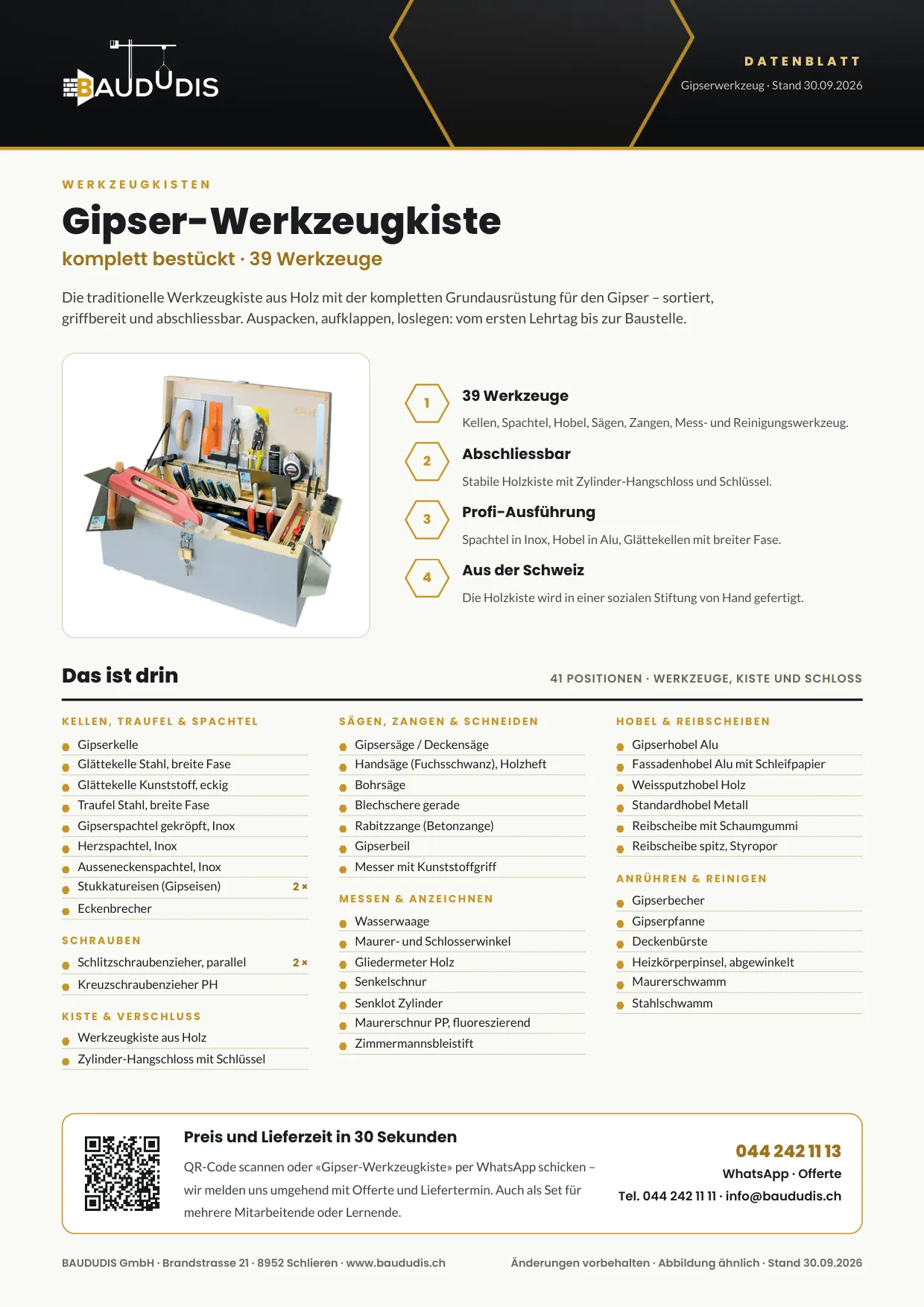 Datenblatt Gipser-Werkzeugkiste: Inhalt mit 41 Positionen in sieben Gruppen